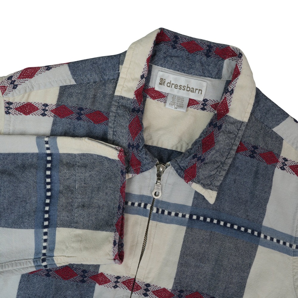 90s Vintage Dressbarn Zip Up Shirt Jacket Womens M Blue White Plaid Cotton Blend